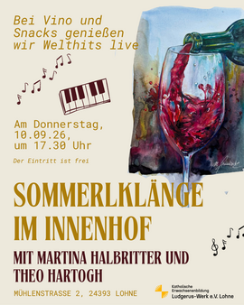Grafik für das Konzert "Sommerklänge im Innenhof mit Martina Halbritter und Theo Hartogh", 10. September 2026, 17:30 im Innenhof des Ludgerus-Werk