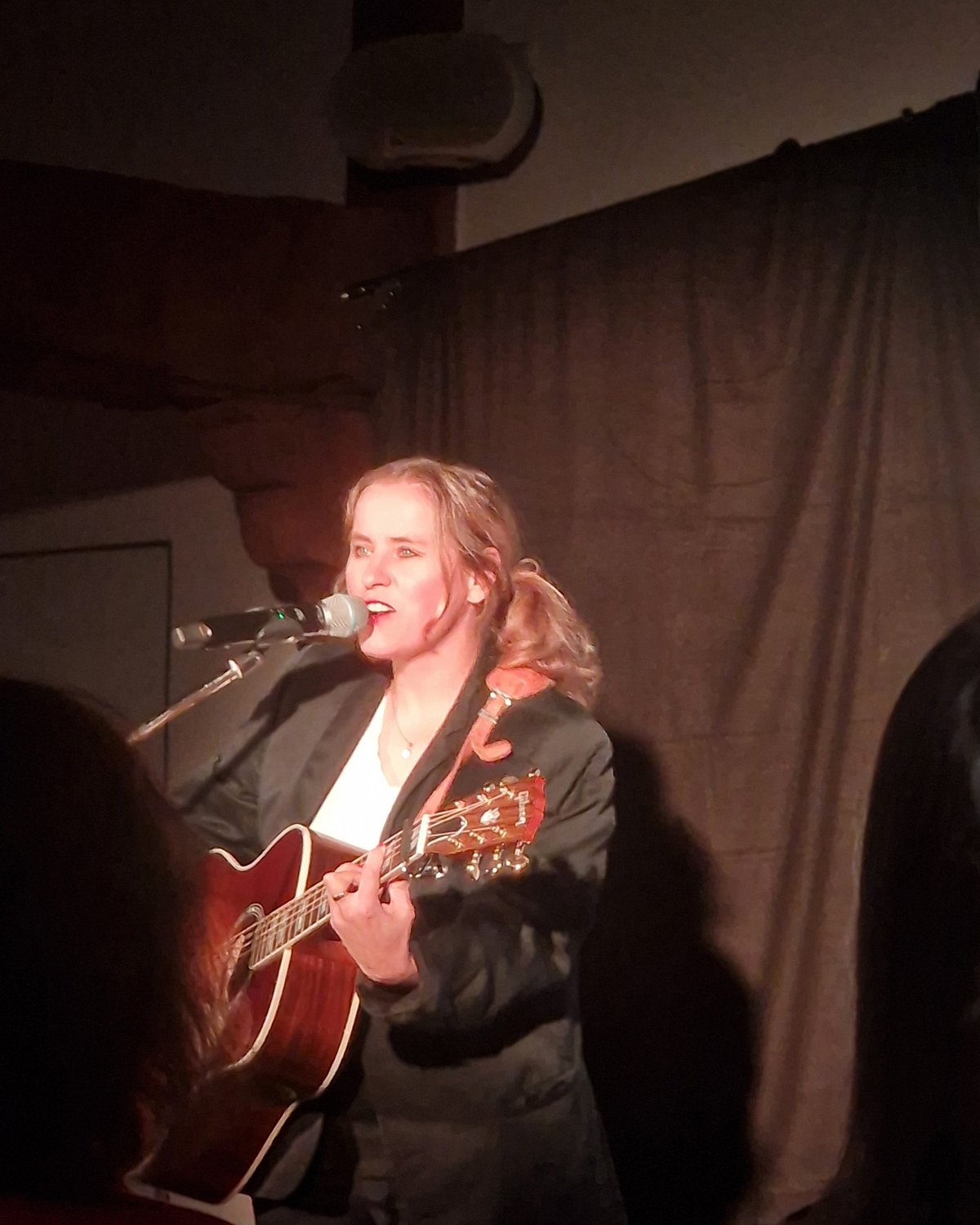 Sarah Brendel mit ihrer Gitarre in den Händen singt am Mikrofon. 