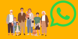 Eine Illustration von mehreren Generationen einer Familie auf gelben Hintergrund. Daneben ist das WhatsApp-Symbol zu sehen. 